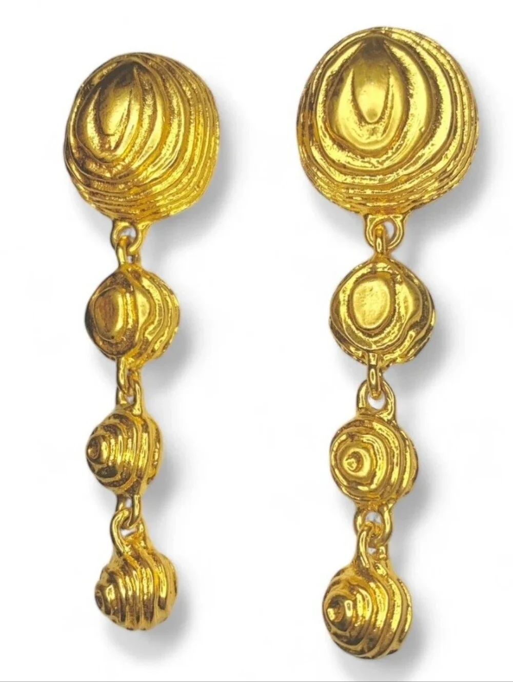 Signed Givenchy Brutalist Runway Long Dangle Drop Gold Tone Textured Earrings
